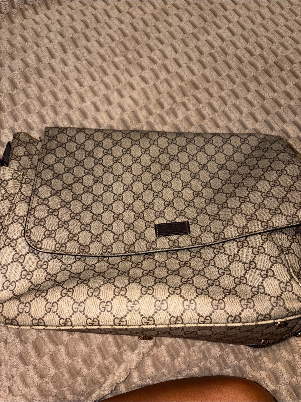 Gucci Beige GG Supreme Messenger Bag with Brown Trim